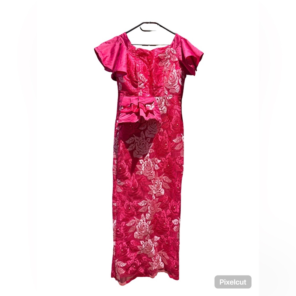 Vintage Hot Pink Floral Lace Evening Gown Women’s Formal Dress Peplum